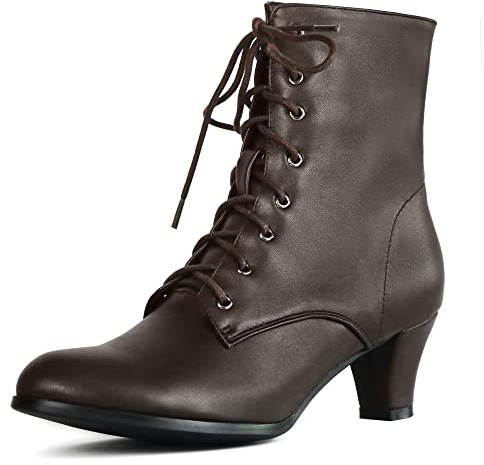 Cozivwaiy Women Brown Victorian Boots Vintage Ankle Boots for Medieval Ren Pirate Costume 70s Lace up Boot 2.36 Inches Mid Heel Witch Granny Booties Zipper Almond Toe 7