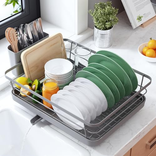 Kitsure Space-Saving Dish Drainer Rack with a Cutlery Holder, Large, Grey | Rust-Resistant Dish Racks for Kitchen Counter, Automatic Drainage Draining Board Rack, Bowl And Utensil Storage