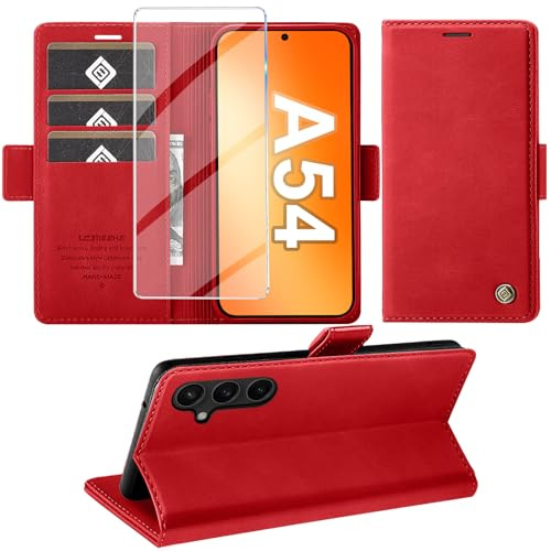 Giyer Handyhülle für Samsung Galaxy A54 5G Hülle mit Schutzfolie, Standfunktion Kartenfach Wallet Premium Leder Schutzhülle A54 5G Flip Case Cover Stoßfeste Klapphülle A54 5G 6.4 Zoll (rot)