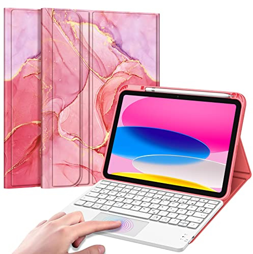 FINTIE Tastatur Hülle für iPad (A16) 11./10. Generation (11/10.9 Zoll) | Magnetisch abnehmbare deutsche Bluetooth-Tastatur mit Touchpad, weiche Schutzhülle mit Stifthalter, Marmor Pink