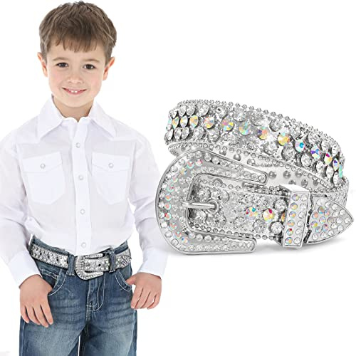 XZQTIVE Gürtel Kinder Glitzer Gürtel für Jungen Mädchen Kinder Strass Gürtel Western Cowboy Cowgirl Kindergürtel mit Diamant Kristall Taille Gürtel Bling Gürtel (Silber,75cm)