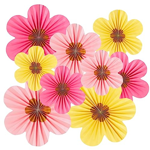 EASY JOY 12PCS Hanging Pink Yellow Floral Paper Flowers Fans | Paper Flowers Decorations Garden Flower for Pink Women Birthday Decoration Wedding Backdrop Spring Garden Party