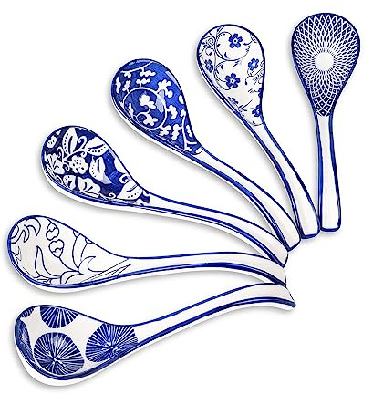 Selamica Keramik Asiatische Suppenlöffel Set – 16 cm Esslöffel, Chinesische Ramenlöffel, Japanische Esslöffel für Nudeln, Brei & Eintöpfe, Vintage Blau | Asiatische Suppenlöffel aus Keramik, Ramenlöffel, japanische Suppenlöffel für Müsli, Eintöpfe, Nudeln