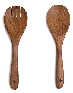 The Great Indian Bazaar 20 cm großes Salatbesteck-Set aus Akazienholz, hölzerne Rührzange, Essgabel & Löffel, Servierutensilien zum Wenden von Salat, handgefertigtes Kochgeschirr& Zubehör, Naturbraun