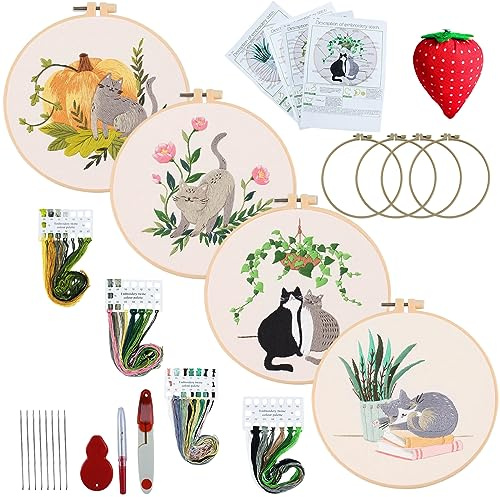 Anfänger Stickerei Set Stickerei Set, 4 Stück Blumenmuster Katze Pflanzen Kreuzstich-Kit, mit 4 Stück Kunststoff-Stickrahmen, Farbfäden und Werkzeuge, 6 Nadeln, für DIY Kunst, Handwerk, Nähen