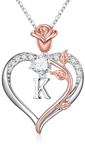 TINGN Rosen Herz Buchstaben Halskette Damen, 14K Weißgold Vergoldet Herz Kette mit Buchstaben Geschenke für Mutter Frauen Freundin Mädchen, Geschenke für Geburtstag Hochzeit Weihnachten Valentinstag