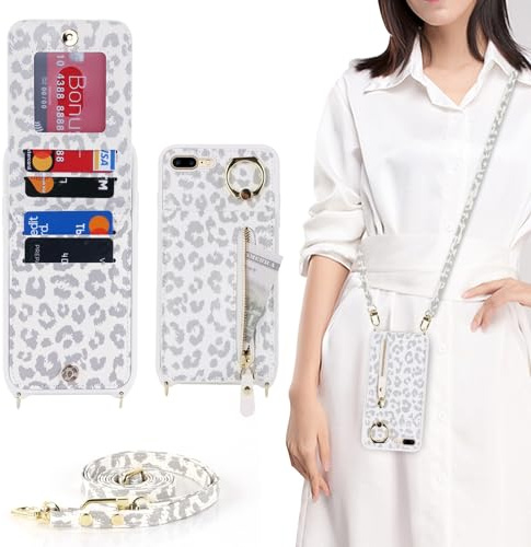 Zouzt Crossbody Wallet Case for iPhone 7 Plus/8 Plus, Strap,White Leopard | Lanyard Purse, 4 Card Holder, 360° Ring Kickstand, PU Leather Zipper Handbag, Shockproof TPU, Back Flip Phone Cover for Women