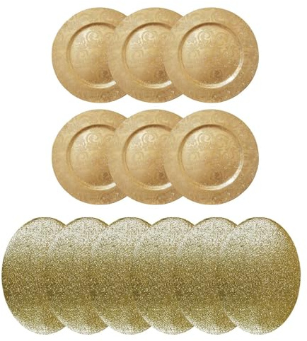 Christmas Placemats Charger Plates 12pc Set Festive Tableware Embossed Decorative Gold Glitter