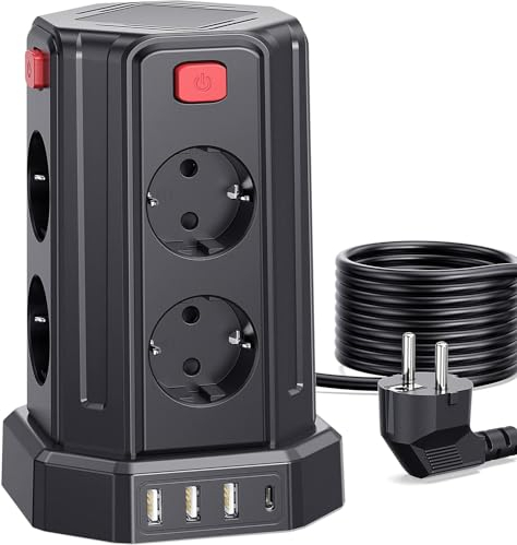 2 Metri Sameriver Ciabatta Elettrica Multipresa, con 8 Prese e 3 USB A+1 USB C(2500W/10A), protezione Sovratensione con interruttori indipendenti, Negro F (Schuko)