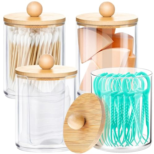4 Stuck Acryl Wattestäbchen Behälter | Qtip Behälter | Wattepads Behälter Box | Wattepads Aufbewahrung mit Bambus Deckeln | für Wohnzimmer, Schlafzimmer, Badezimmer