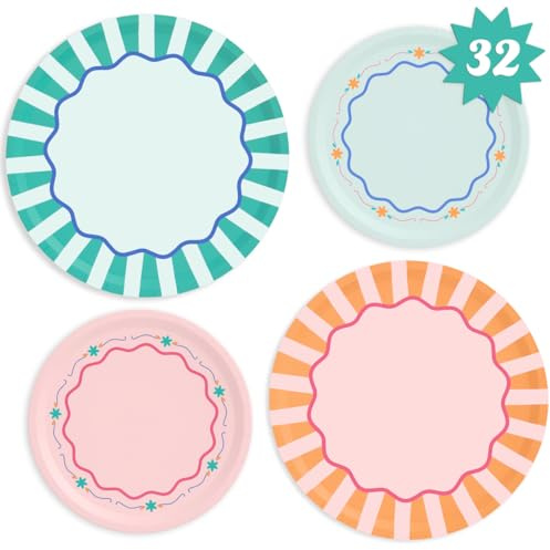 xo, Fetti Italian Summer Paper Plates - 32 pk, 16 9 plates + 16 7 plates | Bachelorette Party Decorations, Last Toast Coast, Birthday Party Supplies, Flower Baby Shower, Stripe Cake Plates