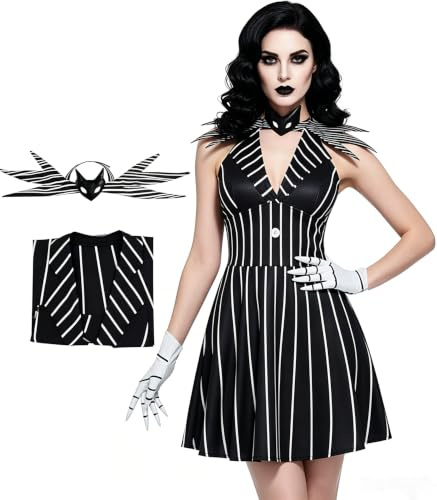 AYYOHON Costume da incubo natalizio da donna, per cosplay, per adulti, a righe, con papillon, uniforme di Halloween, S
