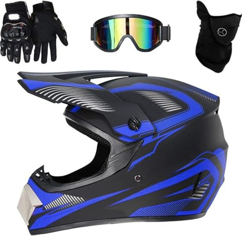 Adulte Casque Motocross Ensemble, Jeunesse Visage Complet VTT Casque Moto avec Lunettes Gants Masque, ATV MX Downhill Quad Vélo de Saleté Course d'enduro Casque(Color:Blue,Size:M(54~55cm))