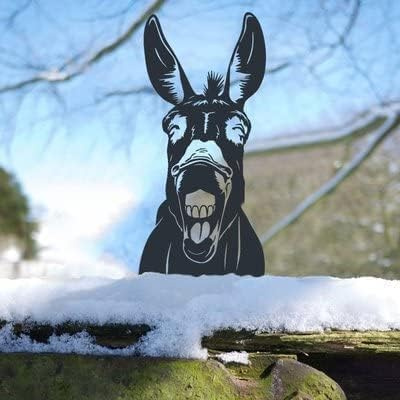 JSWLYWMTPJ Persönlichkeit Metall Garten Deko Draußen Schwarz Metall Wanddeko Außen Dekoration Gartenzwerg Hof 、Zaun、Kolibri Statue Metall (Lachende Esel)