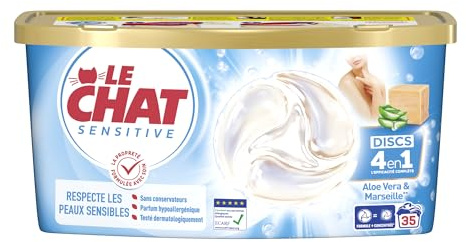 LE CHAT -Sensitive - Disc 4en1 -Savon de Marseille & Aloe Vera - Respecte les Peaux Sensibles -Sans Conservateur - Parfum Hypoallergénique - Testé Dermatologiquement - Efficacité Le Chat - 35 Capsules