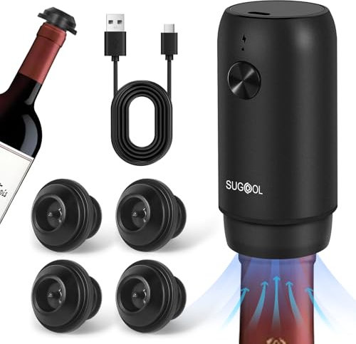SUGOOL Pompe à vin électrique avec bouchon à vin, rechargeable, 1 pompe à 4 bouchons, réutilisable, garde votre vin frais