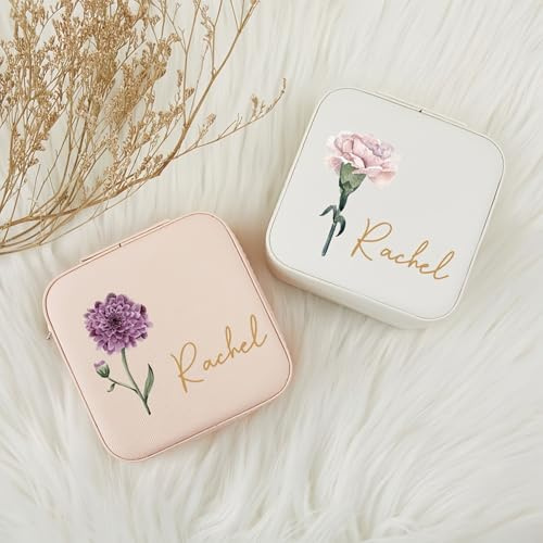 Personalised Jewellery Box with Name and Birth Flower Small Travel Jewellery Box Organiser for Necklace Rings Earrings Bracelets Faux PU Leather Gifts for Her Wife Daughter Friends (B)