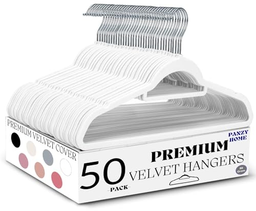 Lot de 50 cintres antidérapants en velours avec barre à cravate et crochet pivotant à 360° - Gain de place - 0,6 cm d'épaisseur - 45 cm de long - Pour robes et pantalons - Blanc