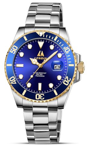 LN LENQIN Orologio da uomo in acciaio inossidabile Analogico al Quarzo sportivo Elegante Data Impermeable Luminoso Orologio da Polso (Gold Blue)