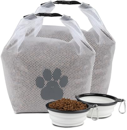 APITOS Bolsa de almacenamiento de alimentos para mascotas, 2 bolsas de viaje para comida para perros, 2 cuencos plegables, sin BPA, grado alimenticio, segura para mascotas