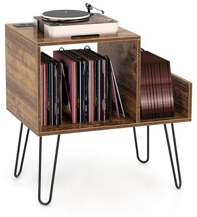 GOPLUS Soporte para Tocadiscos con Estación de Carga, Mueble para Tocadiscos con Separador Desmontable, Estante de Exhibición de Vinilos para Dormitorio, Sala de Estar, Oficina (Marrón)