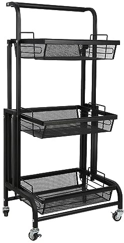 HUOLE 3 Niveles Fruteros de Cocina con Ruedas, Cesta de Almacenamiento de Metal Cesta de Frutas Metal 3 Pisos Cestas de Frutas y Verduras con Ruedas-30 * 44 * 94.5cm-Tres Capas-Negro