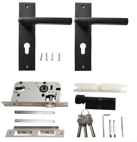 Poignées de Porte Intérieure de Chambre avec Serrure Verrou et Clés - Kit de Serrure à Mortaise - Poignée de Porte Contemporaine Noire avec Serrure à Mortaise