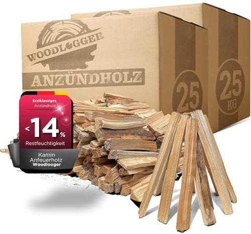 Woodlogger Anzündholz 50 KG - trockenes Anmachholz 18 cm - ofenfertiges Anfeuerholz für Kaminofen, Lagerfeuer, Feuerschalen und Grill - sauberes Holz für Grill & Ofen - hochwertige Kaminanzünder