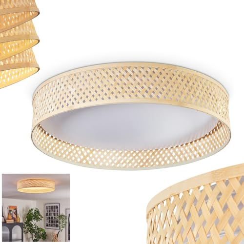 HOFSTEIN LED Deckenleuchte Barroco, dimmbare Deckenlampe aus Metall/Bambus/Kunststoff in Weiß/Natur im Retro/Vintage/Boho-Design, dimmbar über Wandschalter, Esszimmer, Wohnzimmer, Schlafzimmer, Küche