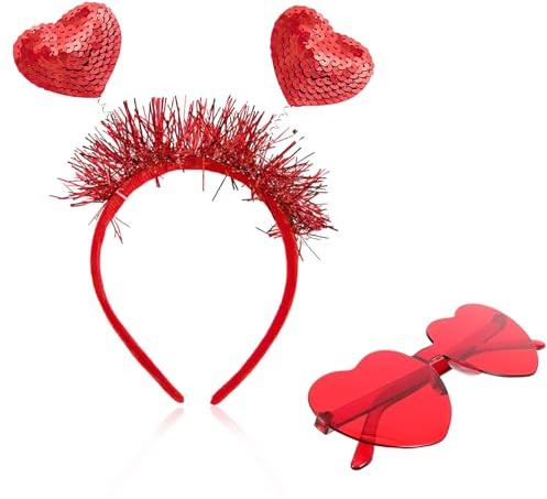 Bipl 2 Stück Valentinstag Herz Haarreif Brille, Rot Herzen Haarreifen Stirnband, Glitzer Pailletten Herz Stirnbänder, Valentinstag Herz Sonnenbrille, für Valentinstag Requisiten Party Kostüm Zubehör