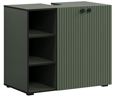 Waschbeckenunterschrank PureBliss Grün · B 90 x H 79 cm | B 90 x H 79 x T 53 cm · feuchtraumgeeignet · Metallgriffe · 2 Türen, 3 offene Fächer, 3 Einlegeböden