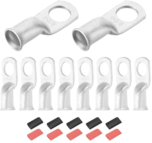DMiotech 10 Pcs 4 AWG - 3/8 Tinned Copper Cable Lugs, Battery Cable Ends, Heavy Duty Copper Wire Lugs with 10pcs Heat Shrink Tubing for Electrical Projects, Silver