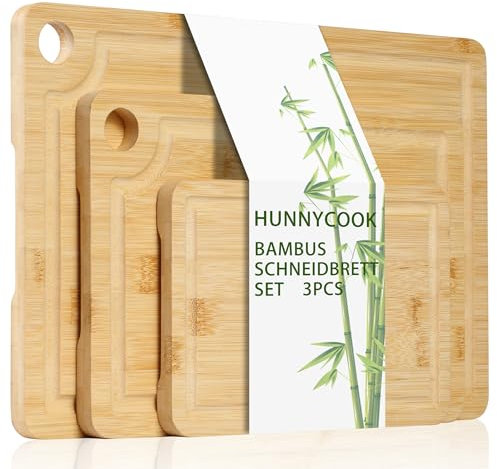 Hunnycook Lot de 3 planche à découper en bois durable avec rainures profondes et poignées intégrées