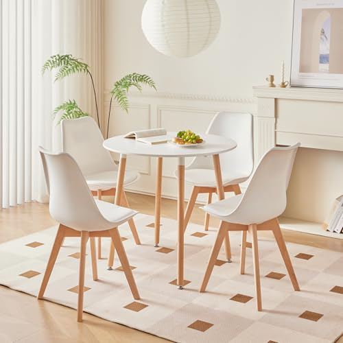 DEYARNA HOME Essgruppe 5-Teilig, Esstisch und 4 Esszimmerstühle, 80cm runder Tisch und 4 Stühle für Esszimmer, Wohnzimmer, Balkon, Cafe, Büro und so Weiter (weißer Tisch+weiße Stühle, 80 * 80 * 75cm)