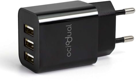 OcioDual Caricatore USB, Carica Batterie Cellulare, Alimentatore USB Charger, Caricabatterie Veloce, Caricatore Smartphone, Tablet, 3x Porta da 5V, 2A, 10W, Nero