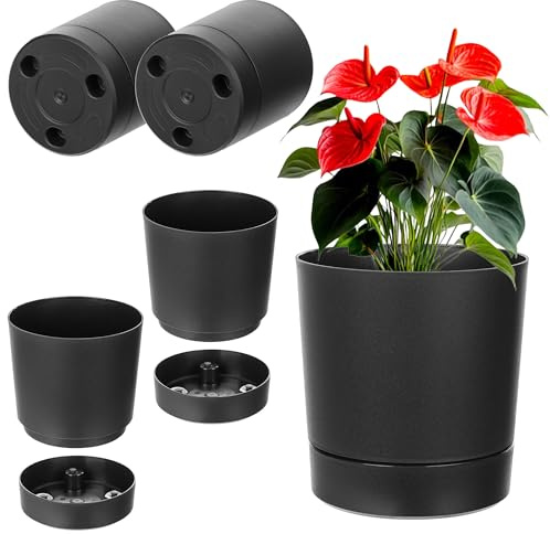 KADAX Set di 2 vasi da fiori con sottovasi, diametro 20 cm, vasi in plastica, vasi per piante da interno (nero)
