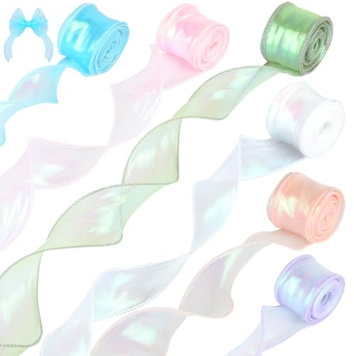 6 Rotoli Nastro Organza, 4cm*9m Nastri Colorati, Nastro Chiffon Traslucido Glitter, Nastri Regalo per Confezioni Regalo, Bouquet, Artigianato (6 Colori)