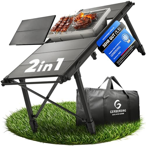 2in1 Holzkohlegrill & Campingtisch | Klappgrill mit Tischfunktion für 2-3 Personen | Kompakter Grill mit Klapptisch | faltbar & tragbar | Mini Grill ideal für kurze Trips