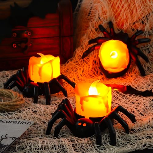 XIMISHOP 8PCS Halloween LED Spider Tea Lights，Flame-Less Halloween Spider Candle Tealight for Home Decor Table Party Indoor Decor