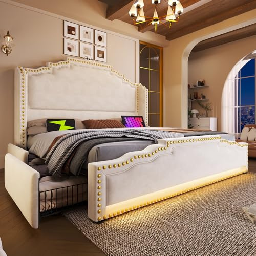 Merax Polsterbett 180x200cm Doppelbett Bettrahmen mit 4 Schublade, Gepolstertes Bett mit LED & USB-C-Ladeanschluss, Stauraumbett Funktionsbett mit Lattenrost, Samt, Retro-Stil, ohne Matratze, Beige