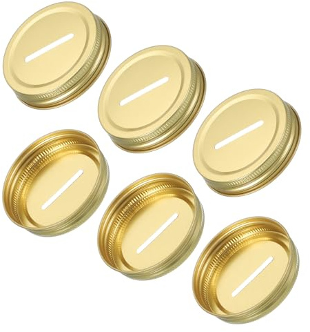 uxcell 6 Pcs Coin Slot Bank Lid, Tinplate Coin Mason Canning Jars Money Saving Metal Storage Regular Mouth Jar Lids with Labels, Golden(70mm)