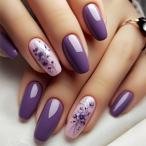 Shimmerz 24 Pieces Purple Orchid Medium Press Nails Acrylic Fake with Floral Pattern Spring Summer Cute False Nails for Women