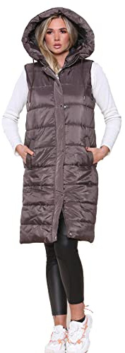 Top Fashion18 Ladies Padded Gilet Longline Hooded Jacket Quilted Winter Wear Long Hooded Side Split Puffer Long Body-Warmer Coat Size 8-18