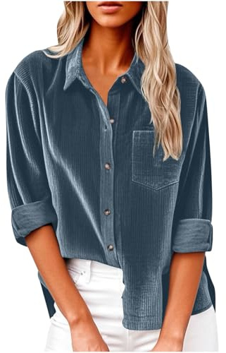 Camisas Mujer Manga Larga,Camiseta de Pana Cuello Solapa con Bolsillo Moda Color Sólido Elegante Suelto Tops Casual Fiesta Shirt Camisa Original Otoño e Invierno Basic tee Jersey 2025