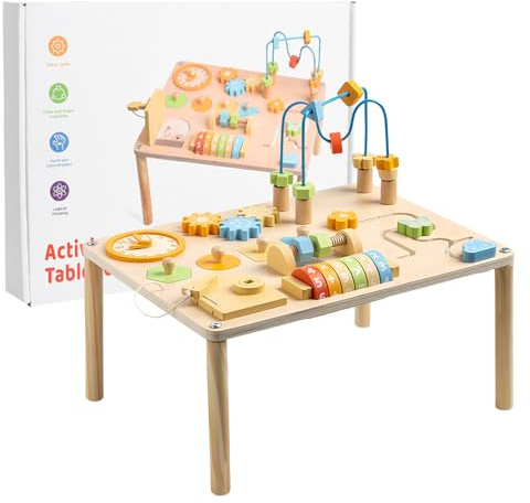 Generisch Aktivtisch Für Babys, Tisch Eisenbahn Spielzeug, Lernspielzeug aus Holz mit Kugelbahn und Steckspiel für Kleinkinder