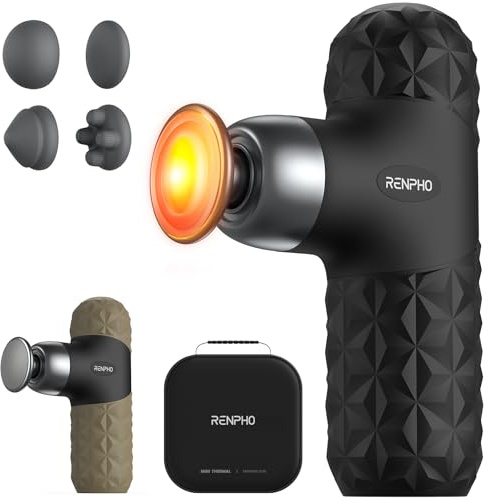 RENPHO Mini Massage Gun with Heat,Massage Gun Deep Tissue with 4 Massage Heads,Ultra Small & Quiet Muscle Gun with Carry Case for Gym Office Workout Muscle Massager,Gifts for Women,Black