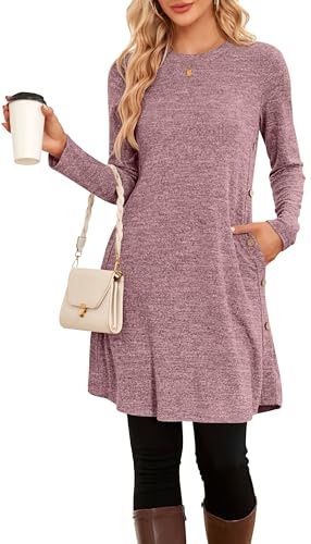 NARRAME Vestidos Tipo Jersey para Mujer, Invierno, Manga Larga, Botones causales, Vestido de suéter Lateral con Bolsillos, XXL, Liso Oscuro Rosa
