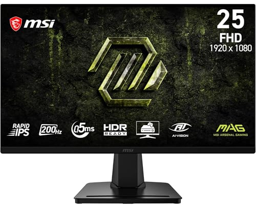 MSI mag 256FA E20 Monitor Gaming de 24,5, 1920 x 1080, FHD Rapid IPS, 200 Hz, 0,5 ms, Compatible con HDR, AMD FreeSync Premium, Eye-Care, visión con IA, HDMI 2.0b, DP 1.2a, sin Marco, Vesa, Negro