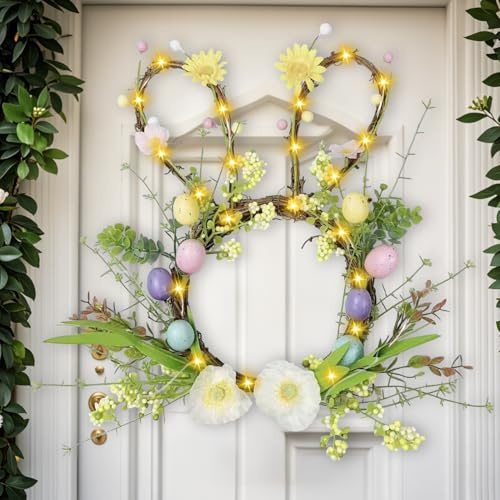 Osterdeko Hase Kranz mit LED Licht, Ostern Deko Türkranz Ostern Beleuchtet Osterkranz Haustür mit Ostereier Blume, LED Osterdeko zum Aufhängen, Türkranz Frühling für Oster Deko Frühlingsdeko