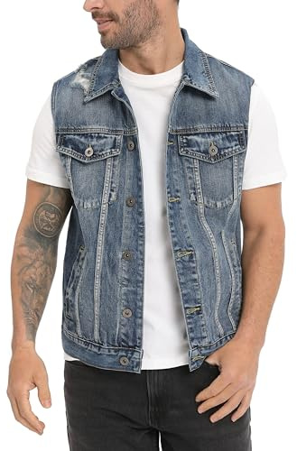 CoXuantion Gilet Smanicato in Jeans Uomo Gilet Vintage Strappato Denim Gilets Moto Cowboy Senza Maniche Casual Punk Biker Gilet L,Blu